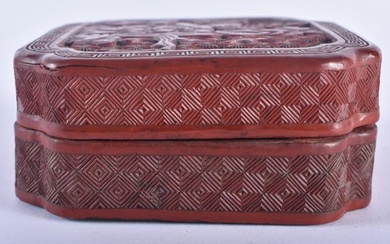 A CHINESE QING DYNASTY CARVED CINNABAR LACQUER BOX AND COVER decorated with landscapes. 10 cm square