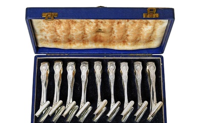 A Cased Set of Nine Edward VII Silver Individual Asparagus-Tongs by William Hutton and Sons Ltd., London, 1906, Retailed by Asprey, 166 Bond Street, London