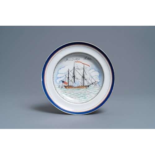 A Chinese American market export dish with a ship inscribed ...