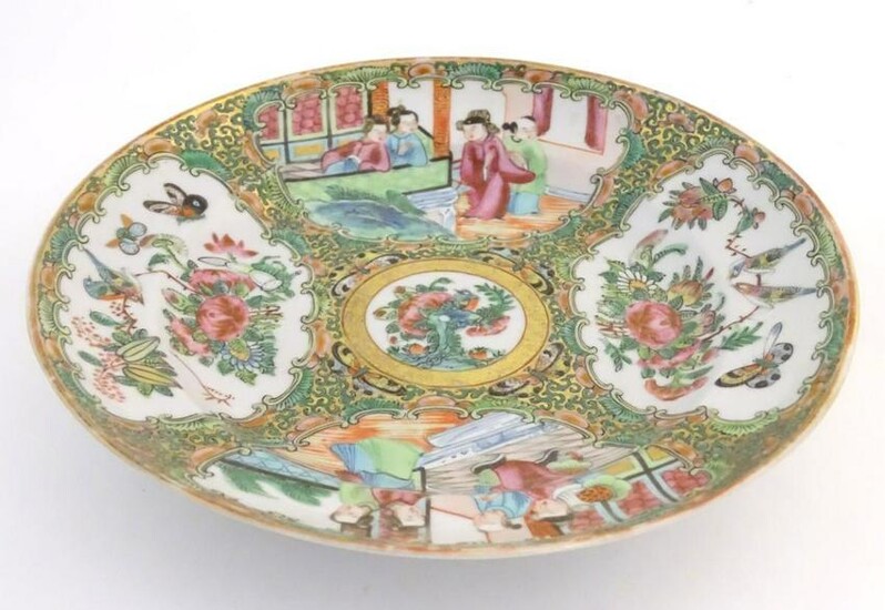 A Chinese Cantonese famille rose plate with panelled