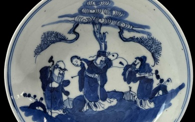 A Chinese blue and white porcelain dish decorated with figures...