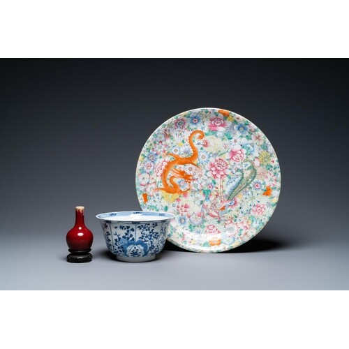 A Chinese famille rose dish, a blue and white bowl and a san...