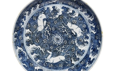 SOLD. A Chinese porcelain dish, decorated in underglaze blue with "Heavenly Horses". 18th century. Diam. 38 cm. – Bruun Rasmussen Auctioneers of Fine Art
