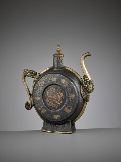 A DAMASCENED IRON BEER JUG, 18TH-19TH CENTURY