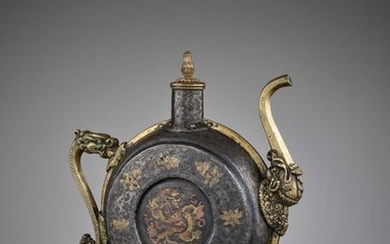 A DAMASCENED IRON BEER JUG, 18TH 19TH CENTURY...