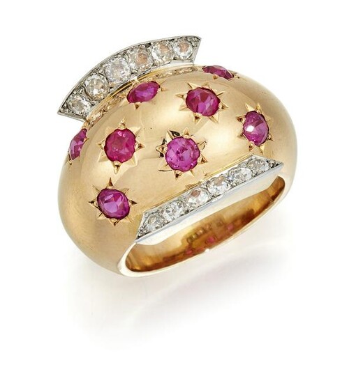 A DIAMOND AND RUBY COCKTAIL RING BY VAN CLEEF AND