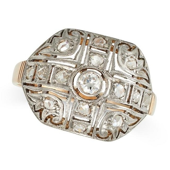 A DIAMOND DRESS RING in yellow gold and platinum, the openwork face set with old and rose cut