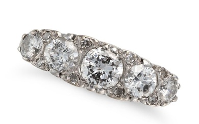 A DIAMOND FIVE STONE RING set with five round brilliant cut diamonds, accented by single cut