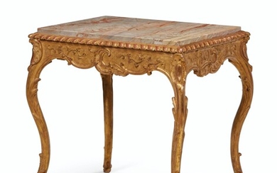 A FRENCH GILTWOOD CENTER TABLE, PROBABLY MID-18TH CENTURY, ORIGINALLY A CABINET STAND