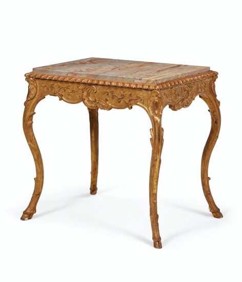 A FRENCH GILTWOOD CENTER TABLE, PROBABLY MID-18TH CENTURY, ORIGINALLY A CABINET STAND