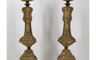 A Fine Pair Of 19th Century Altar Stick Candle Holder Religious Candle Holders W/ Embossed Jesus
