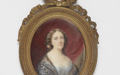 A French portrait miniature of Marquise Jeanne d'Harcourt with lace stole