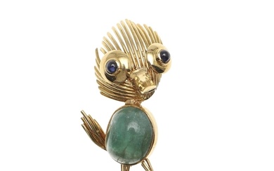 A GOLD AND GEM SET BIRD BROOCH. of stylised form, the body s...