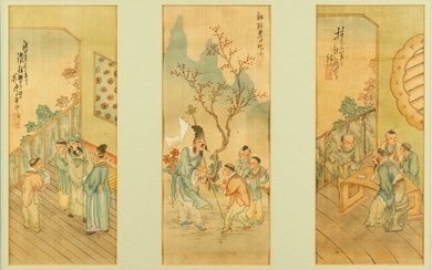 A GOOD 19TH CENTURY CHINESE PAINTED ON TEXTILE TRIPTYCH