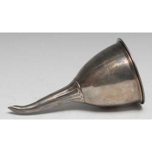 A George III silver wine funnel, reeded border, curved flute...