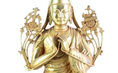 A Gilded Cast Metal Figure Of A Lama On Lotus Pedestal H: 31cm