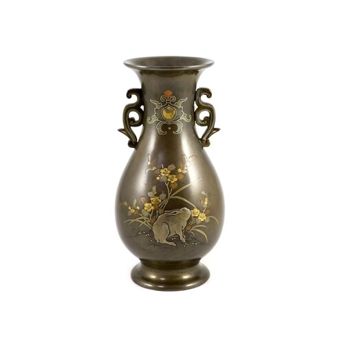 A Japanese bronze and mixed metal 'hare' vase, Meiji period,...