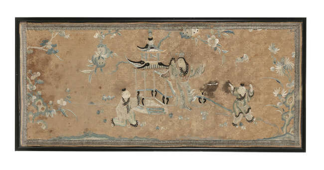 A ‘LADY AND BOYS’ EMBROIDERED SILK PANEL China,...