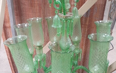 A LARGE GREEN GLASS MULTI BRANCH CHANDELIER