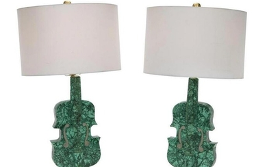 A LARGE PAIR OF VIOLIN SHAPED MALACHITE LAMPS