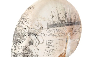 A LARGE-SIZED MID-19TH CENTURY SCRIMSHAW WORKED NAUTILUS SHE...