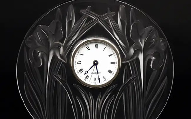 A Lalique clear and frosted ‘Iris’ timepiece, c.2003, etched Lalique ® France...