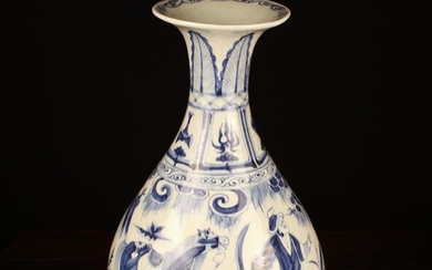 A Large Oriental Blue & White Baluster Vase decorated with figural scenes and plantain leaves to the