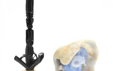 A Light Blue Agate Carving and Black Coral Sculpture