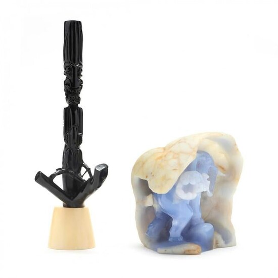 A Light Blue Agate Carving and Black Coral Sculpture