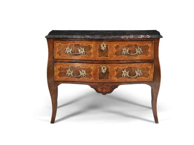 A Louis XV provincial kingwood marquetry bombe commode,...