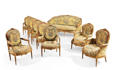 A Louis XVI gilt-wood mobilier de salon, stamped N. DELAPORTE | Mobilier de salon en bois mouluré et doré à la miction d'époque Louis XVI, estampillé N. DELAPORTE