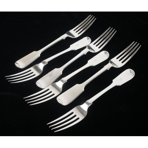 A MATCHED SET OF SIX VICTORIAN AND LATER SILVER FORKS Fiddl...