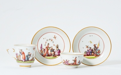 A Meissen porcelain tea bowl and saucer with late Hoeroldt Chinoiseries