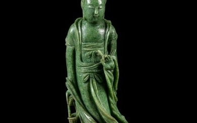 A Mottled Green Jade Figure of Guanyin