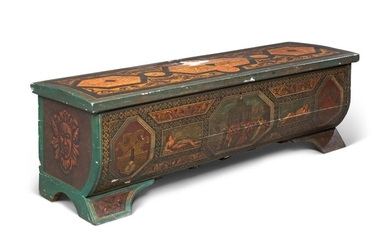 A NORTH ITALIAN POLYCHROME-PAINTED CASSONE, 19TH CENTURY, THE DECORATION OVER AN EARLIER CARCASE