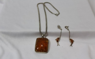 A Necklace with Amber Pendant and Earrings Suite