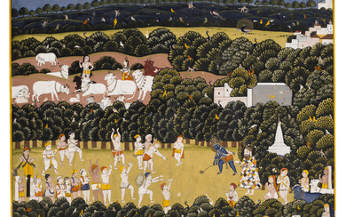 A PAINTING OF KRISHNA PLAYING IN A GLADE WITH GOPAS INDIA, RAJASTHAN, JAIPUR, LATE 19TH CENTURY