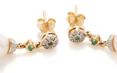 A PAIR OF 9CT GOLD EMERALD DIAMOND AND PEARL EARRINGS;...
