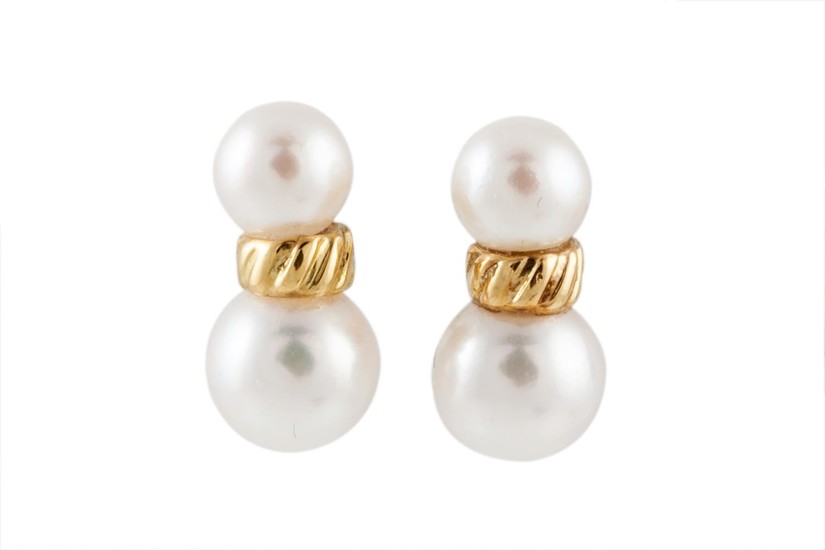 A PAIR OF CULTURED PEARL EARRINGS, mounted in yellow gold