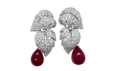 A PAIR OF DIAMOND AND RUBY EAR PENDANTS, BY JEAN...