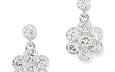 A PAIR OF DIAMOND CLUSTER DROP EARRINGS set with a