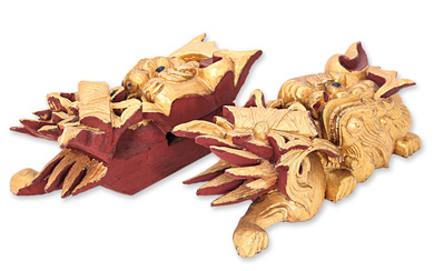 A PAIR OF GILT TIMBER FOO LIONS
