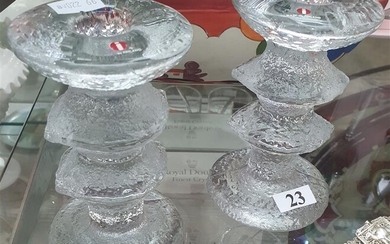 A PAIR OF IITTALA FROSTED GLASS ICILE CANDLE HOLDERS