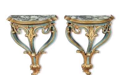 A PAIR OF ITALIAN BAROQUE BLUE-PAINTED AND PARCEL-GILT CONSOLE TABLES, SECOND QUARTER 18TH CENTURY
