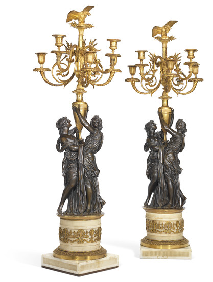 A PAIR OF LOUIS XVI ORMOLU, PATINATED-BRONZE AND WHITE MARBLE FIVE-LIGHT CANDELABRA, CIRCA 1790, AFTER A MODEL BY ETIENNE-MAURICE FALCONET, POSSIBLY BY FRANÇOIS REMOND