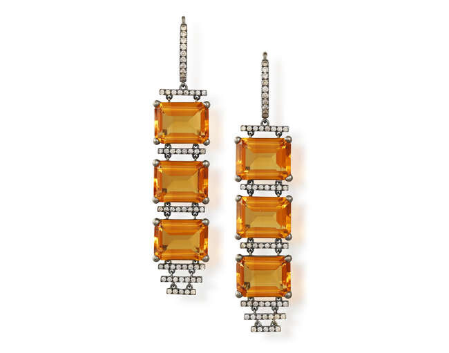 A PAIR OF MADEIRA CITRINE AND DIAMOND PENDENT...
