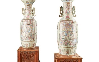 A PAIR OF MONUMENTAL CANTONESE FAMILLE ROSE PORCELAIN FLOOR VASES QING DYNASTY, EARLY 19TH CENTURY