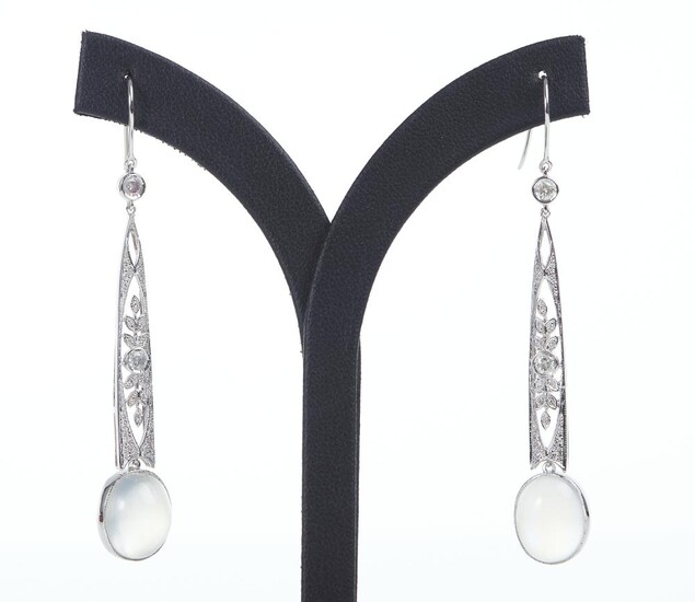 A PAIR OF MOONSTONE AND DIAMOND DROP EARRINGS, TO SHEPHERD HOOK FITTINGS, IN 9CT WHITE GOLD, THE MOONSTONE TOTALLING 9.60CTS AND DI...