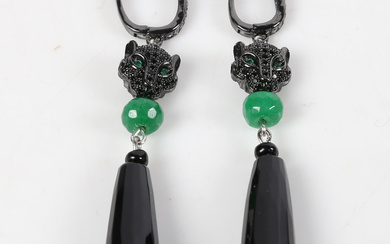 A PAIR OF ONYX PANTHER DROP EARRINGS.