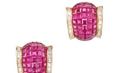 A PAIR OF RUBY AND DIAMOND EARRINGS each comprising a domed section of invisibly set square step ...